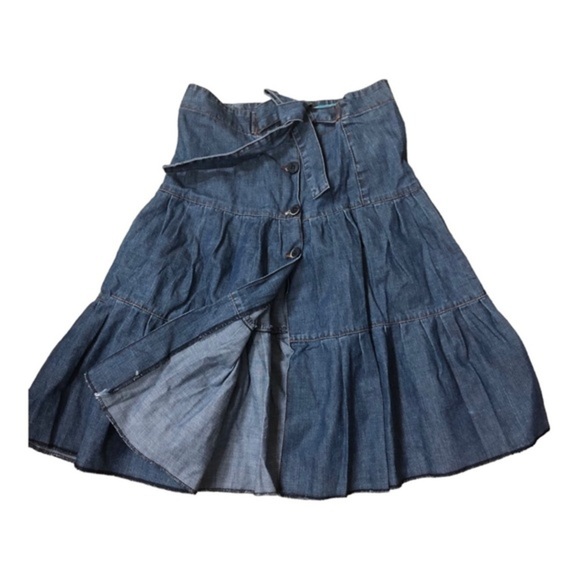Zara denim tiered flare buttoned down belted western prairie style skirt size‎ 2 - Picture 1 of 16
